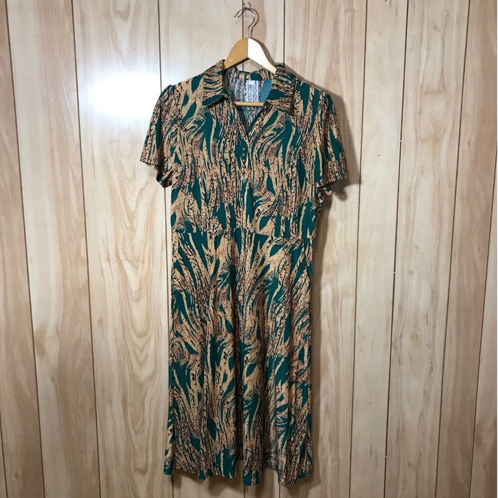 Green Brown Tree Pattern Collared V-Neck Short Sleeve A-Line Midi Dress 2XL